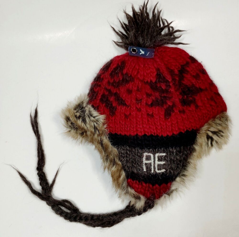 American Eagle Hat Trapper Faux Fur Knit Ear Flap Pom Beanie Gray Red Wool Alpac
